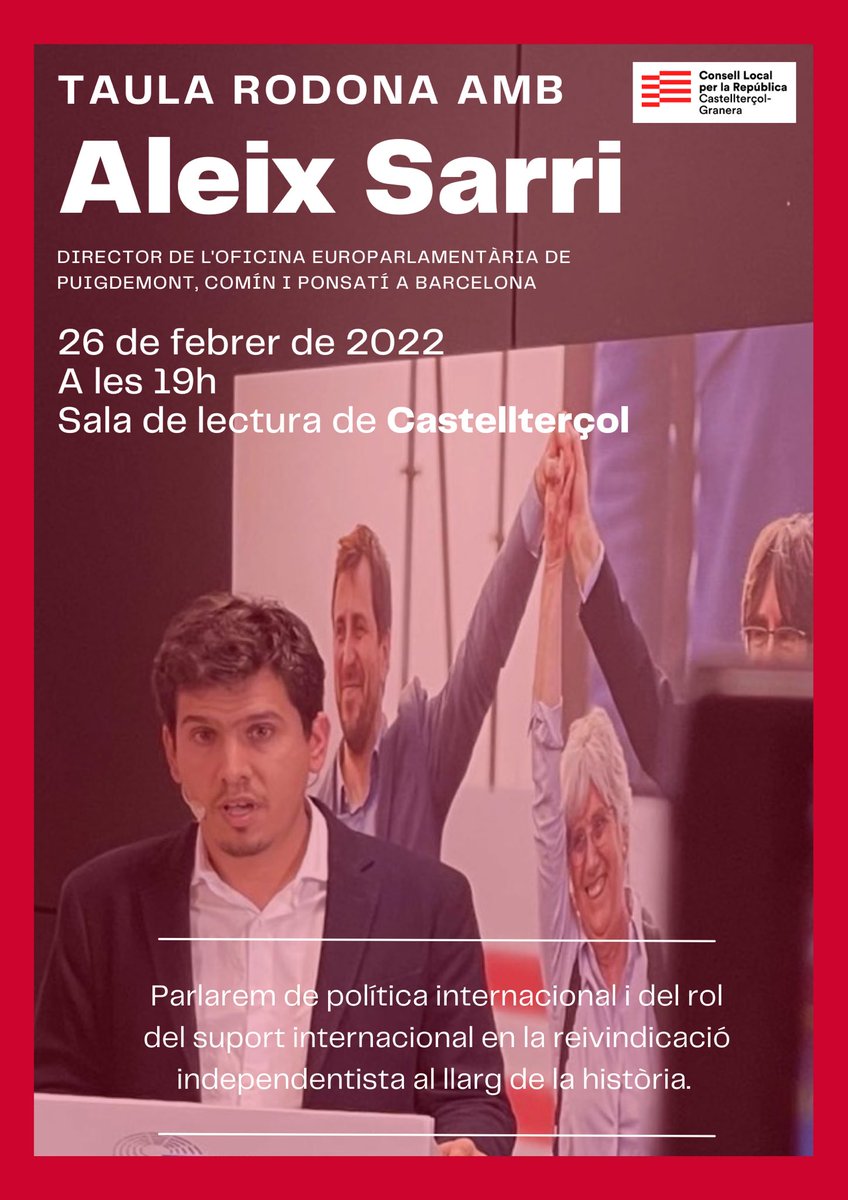 CxR_Castell's tweet photo. 📆 El 26 de febrer 
🕖 A les 19h
📍 A la sala de lectura 

📢 Parlarem de política internacional i del rol del suport internacional en la reivindicació independentista al llarg de la història amb @aleixsarri https://t.co/7gD0tfpRQX