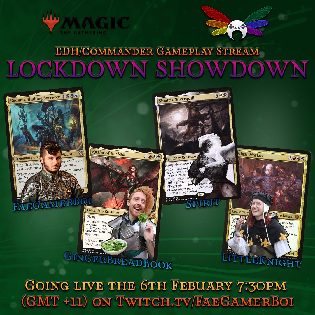 FaeGamerBoi's tweet photo. Looking for something to do tonight? Come watch the gang play Magic: The Gathering on Lockdown Showdown! Got some lovely guests and it looks like it'll be a heck of a time 😎 Tonight at
7:30pm AEDT on https://t.co/VrudNyPxp3! https://t.co/YyhtW9io49
