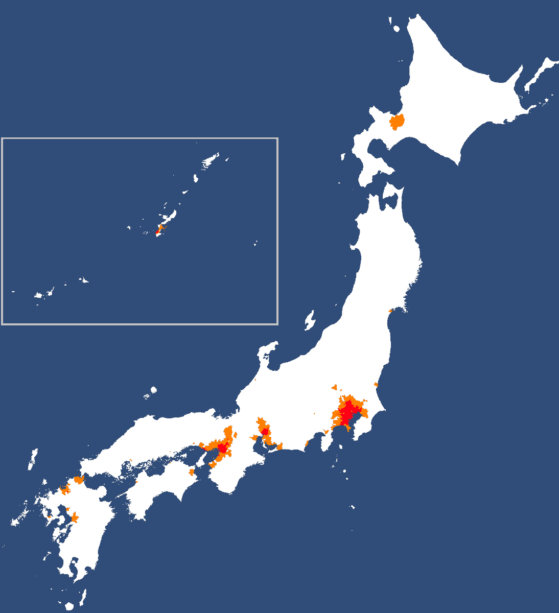 人口密度が高い順に市町村を塗っていき 国内人口の半分になるまで塗った日本地図が話題 予想外の地も含まれていた Togetter