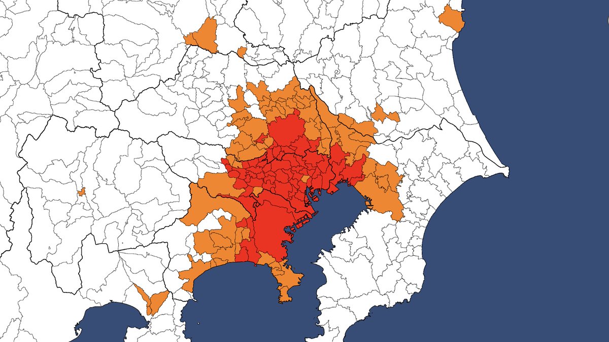 人口密度が高い順に市町村を塗っていき 国内人口の半分になるまで塗った日本地図が話題 予想外の地も含まれていた Togetter