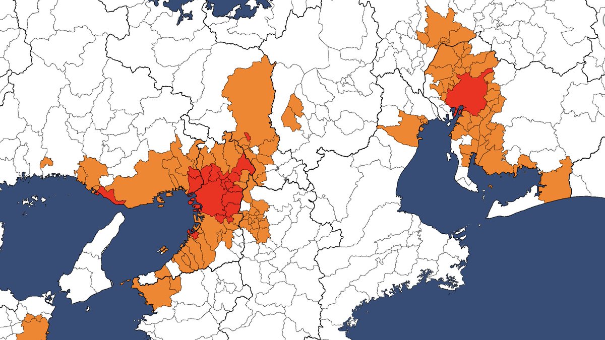 人口密度が高い順に市町村を塗っていき 国内人口の半分になるまで塗った日本地図が話題 予想外の地も含まれていた Togetter