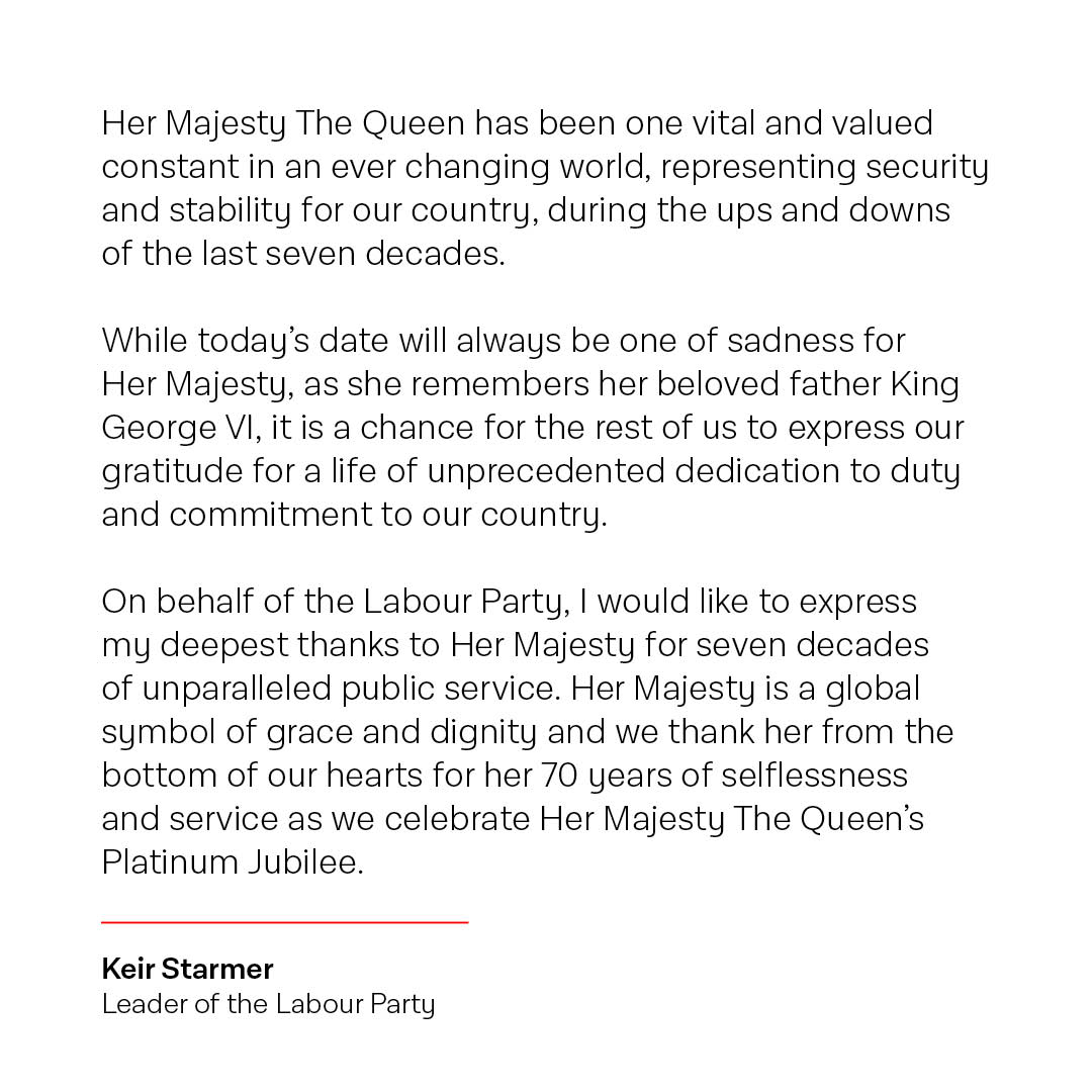 Keir_Starmer's tweet image. On behalf of the Labour Party, I would like to express my deepest thanks to Her Majesty The Queen for seven decades of unparalleled public service.

#PlatinumJubilee