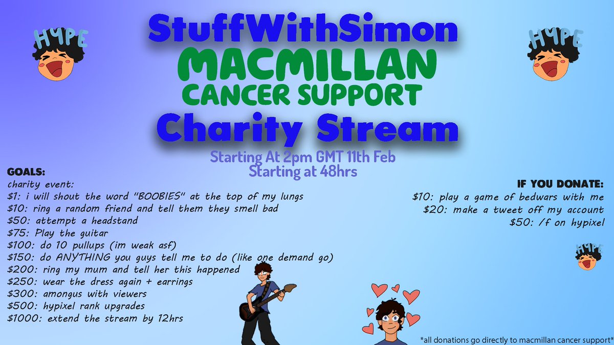 StuffWithSimon's tweet photo. Next Friday (11th FEB 2pm GMT) I will be doing a 48hr charity stream for cancer research. Cancer has greatly affected me and my family, I've had many friends and relatives pass away to cancer so your support on this event would mean the world <3 *goals listed below* 1/2 https://t.co/IWUziIa4Qw