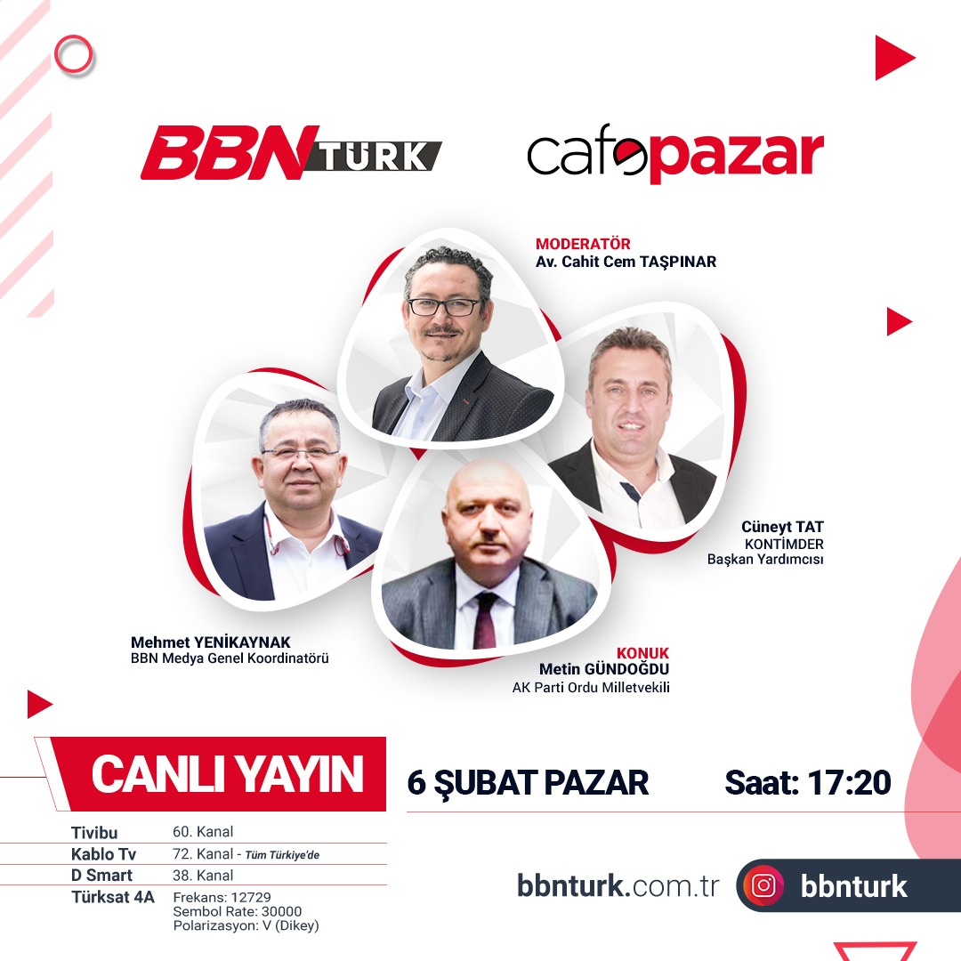 📢 Moderatörlüğünü <a href="/Avcemtaspinar/">avukat cem taşpınar</a>’ın yaptığı, 
📌 BBN Medya Genel Koor. <a href="/mehmetyenikayn1/">mehmet yenikaynak</a>  ve 
📌 Yorumcu <a href="/cuneyttat/">Cüneyt Tat</a>'ın daimi konuk olarak yer aldığı #CafePazar'ın konuğu
📌 #AKParti Ordu Mv. <a href="/metingunordu/">Metin Gündoğdu</a>  oluyor. 
📌 Cafe Pazar 6 Şubat Pazar günü saat 17:20’de @bbnturktv'de...