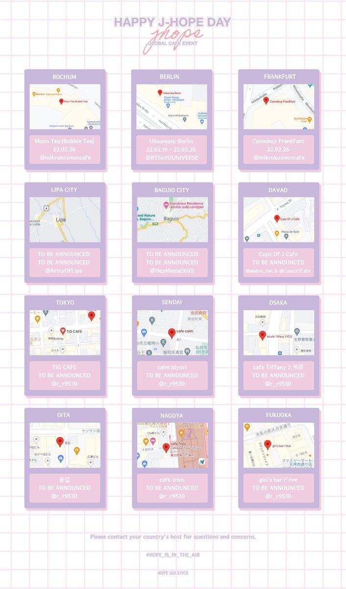 dayswithyou218's tweet photo. 𝗛𝗢𝗣𝗘 𝗜𝗦 𝗜𝗡 𝗧𝗛𝗘 𝗔𝗜𝗥 💟
2022 j-hope birthday support pt.3

—
GLOBAL CAFE EVENT

SEOUL - LOS ANGELES - TAIWAN - HONG KONG - VIETNAM - MALAYSIA - ABU DHABI - SPAIN - CANADA - PERU - BRASIL - GERMANY - PHILIPPINES - JAPAN 

#HOPE_IS_IN_THE_AIR #BTS #jhope https://t.co/LkKNrkC9oz