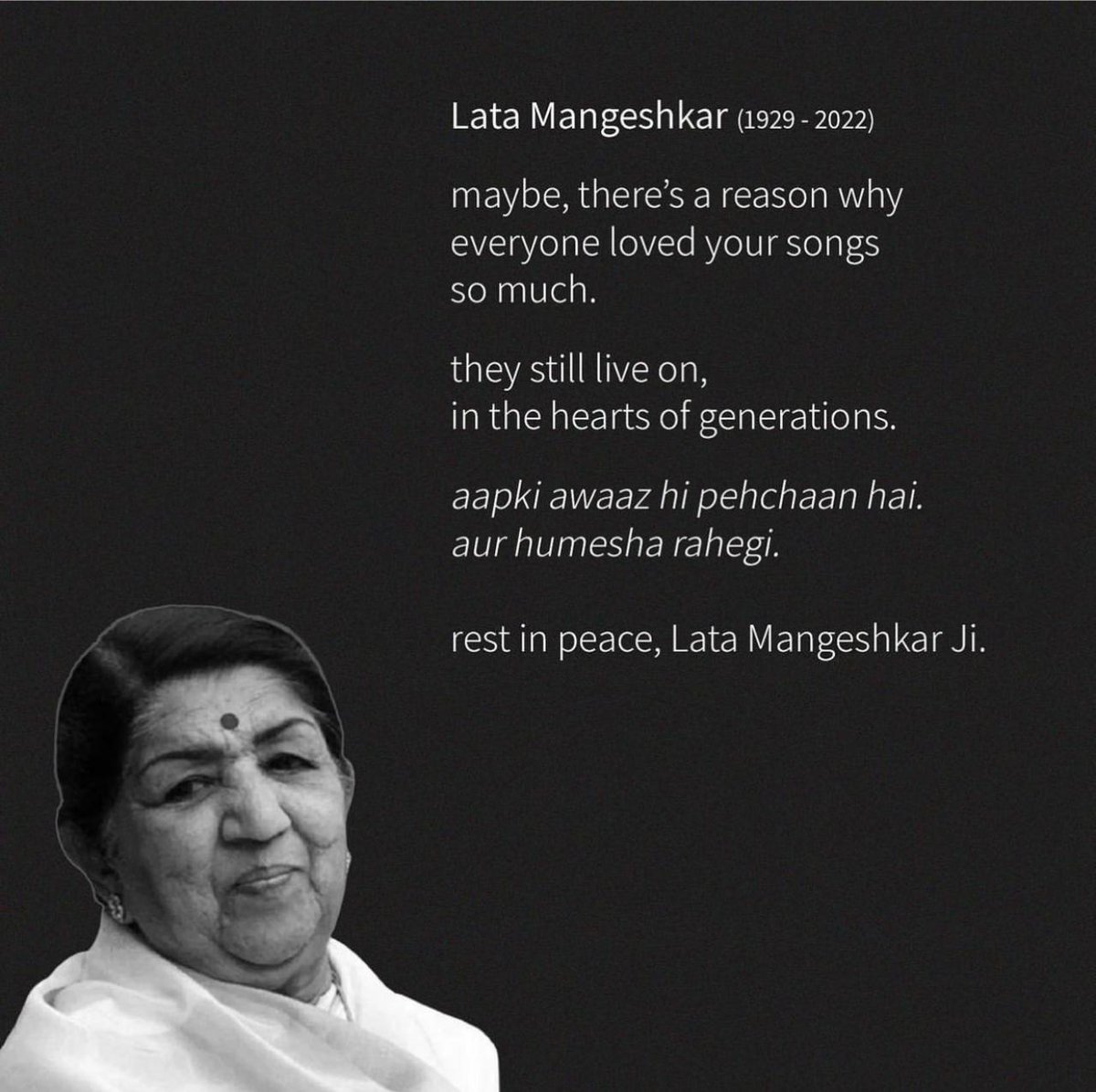 May your Soul Rest In Peace Lata ji! 🙏🙏
Om Shanti!

#LataMangeshkar #RIPLataji