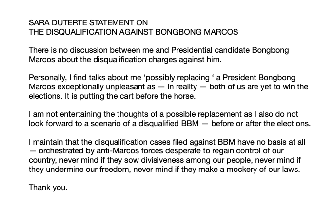 UPDATE: Vice presidential aspirant Sara Duterte says the DQ cases filed against her running mate Ferdinand Marcos Jr. "have no basis at all;" adds that the petitions were "orchestrated by anti-Marcos forces desperate to regain control of our country." #VotePH | @NCorralesINQ