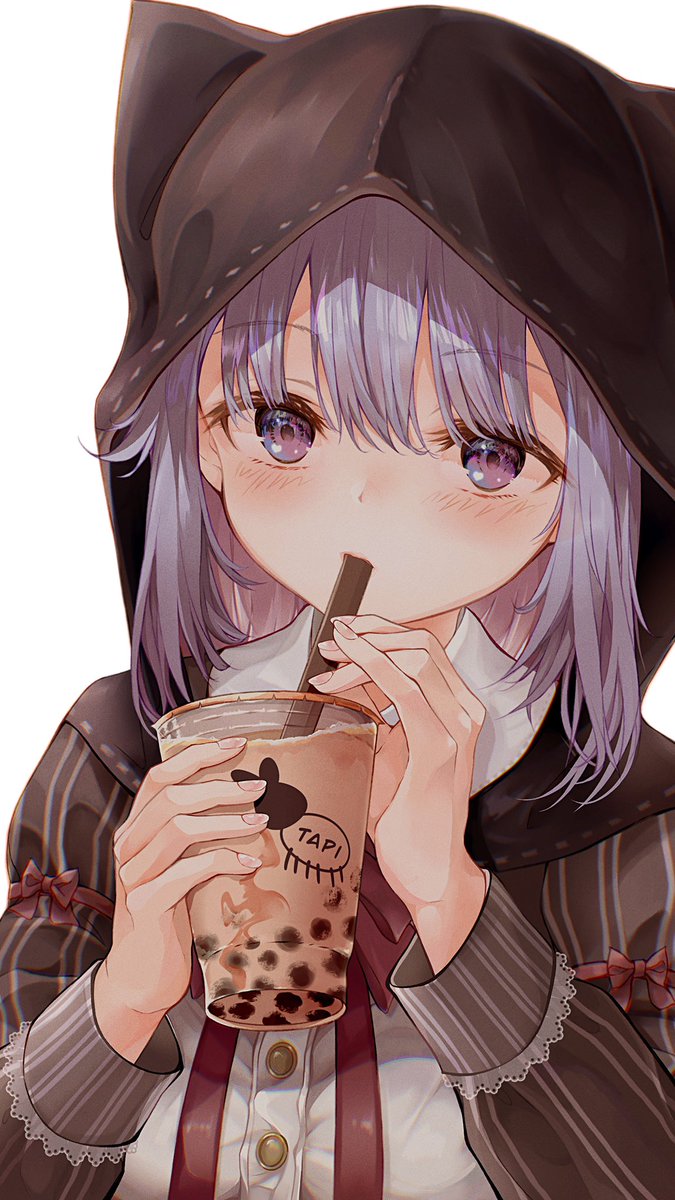 1girl solo holding white background bubble tea purple eyes hood  illustration images