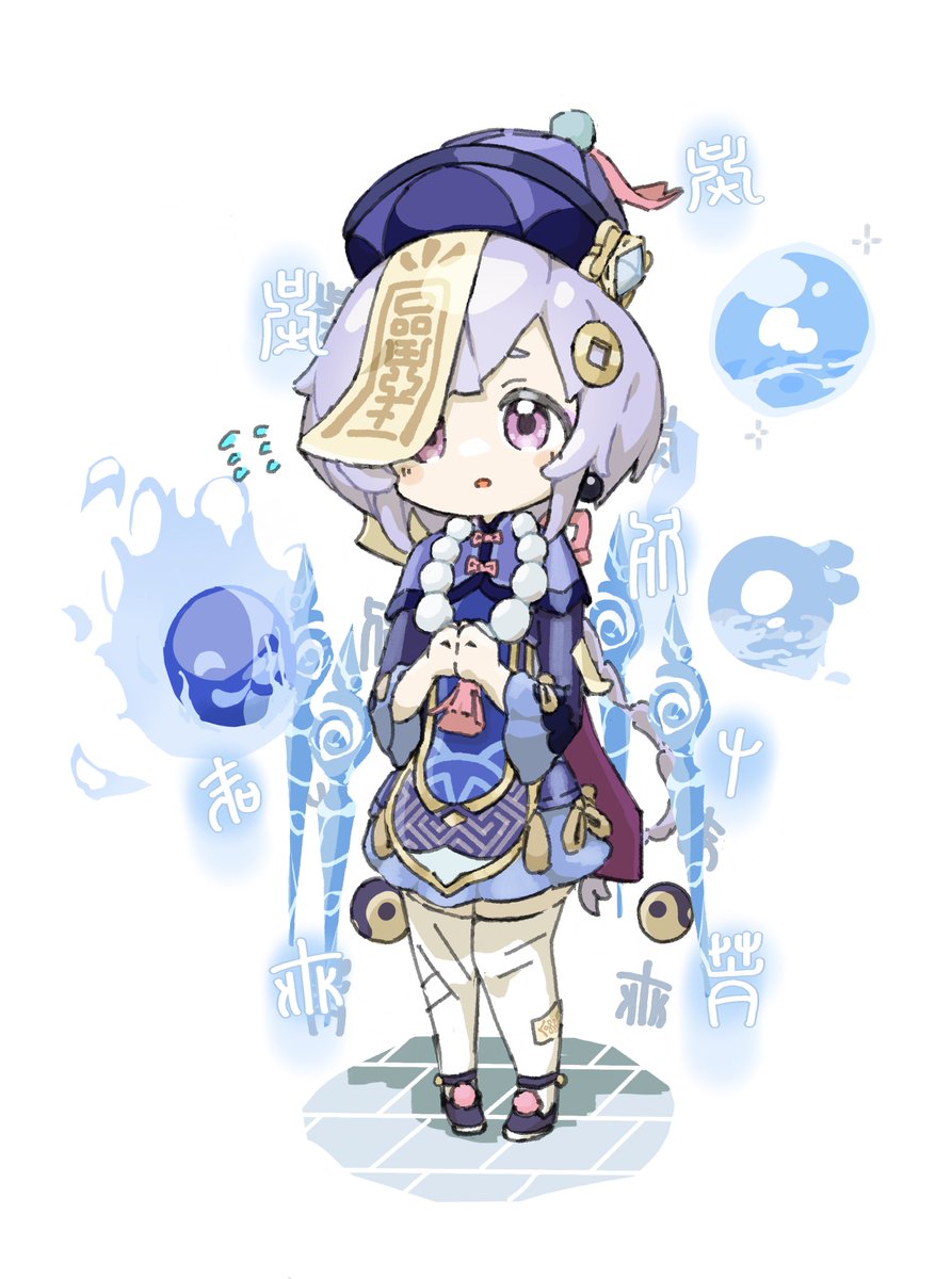 qiqi (genshin impact) 1girl hat bead necklace bandaged leg beads necklace purple hair  illustration images