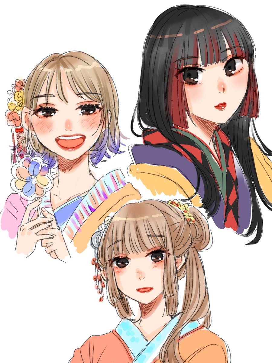 multiple girls japanese clothes kimono 3girls black hair hair ornament flower  illustration images