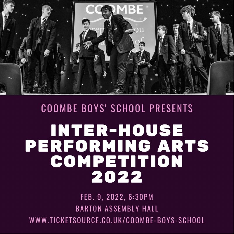 CoombeBoysDrama's tweet photo. It’s a busy three weeks for our #CBSPerformingArtsTeam & this Weds 9th Feb we present our Inter-House Performing Arts Competition. Tickets available here: https://t.co/HEVv0JuRcj a brilliant evening of talent don’t forget your pennies as our #CBSPFA will be providing refreshments https://t.co/LsjquA7eR6