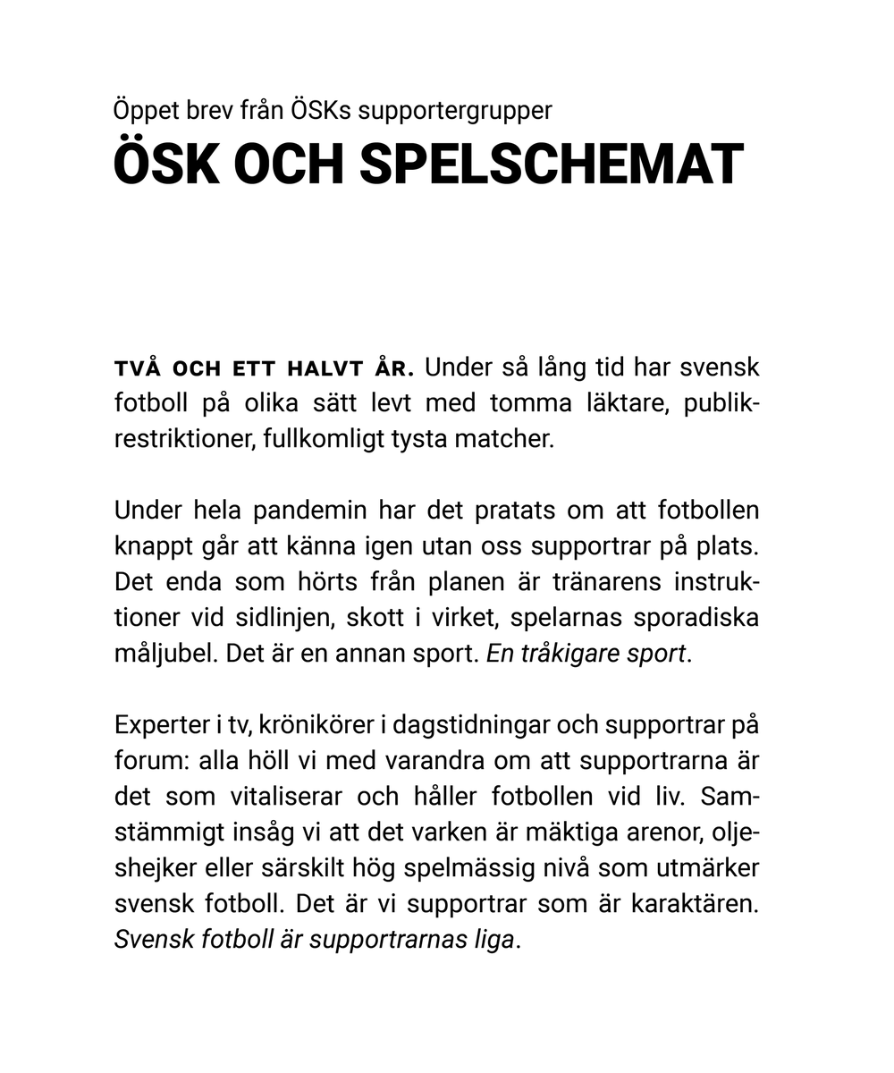 svartvitasthlm's tweet photo. Öppet brev från ÖSK:s supportergrupper. https://t.co/RfLux2R7Hs