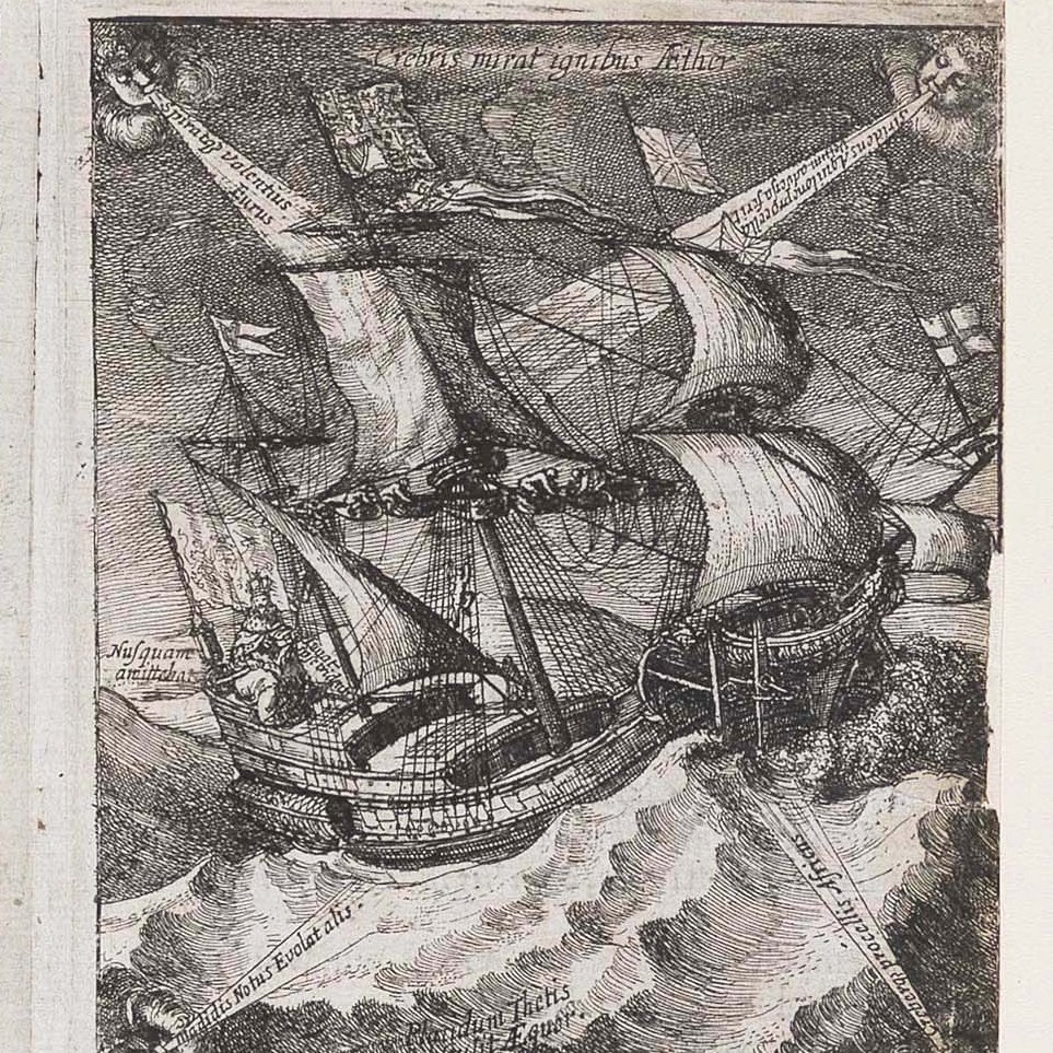 Charles I as king & scene of Royal ship at sea, with Charles I at the helm, English & Latin inscriptions, from Bibliotheca Regia, or the Royal Library (1659), etching by Wenceslaus Hollar #shipofstate #seafever 37/365 ⚓️⚓️⚓️
rct.uk/collection/sea…
