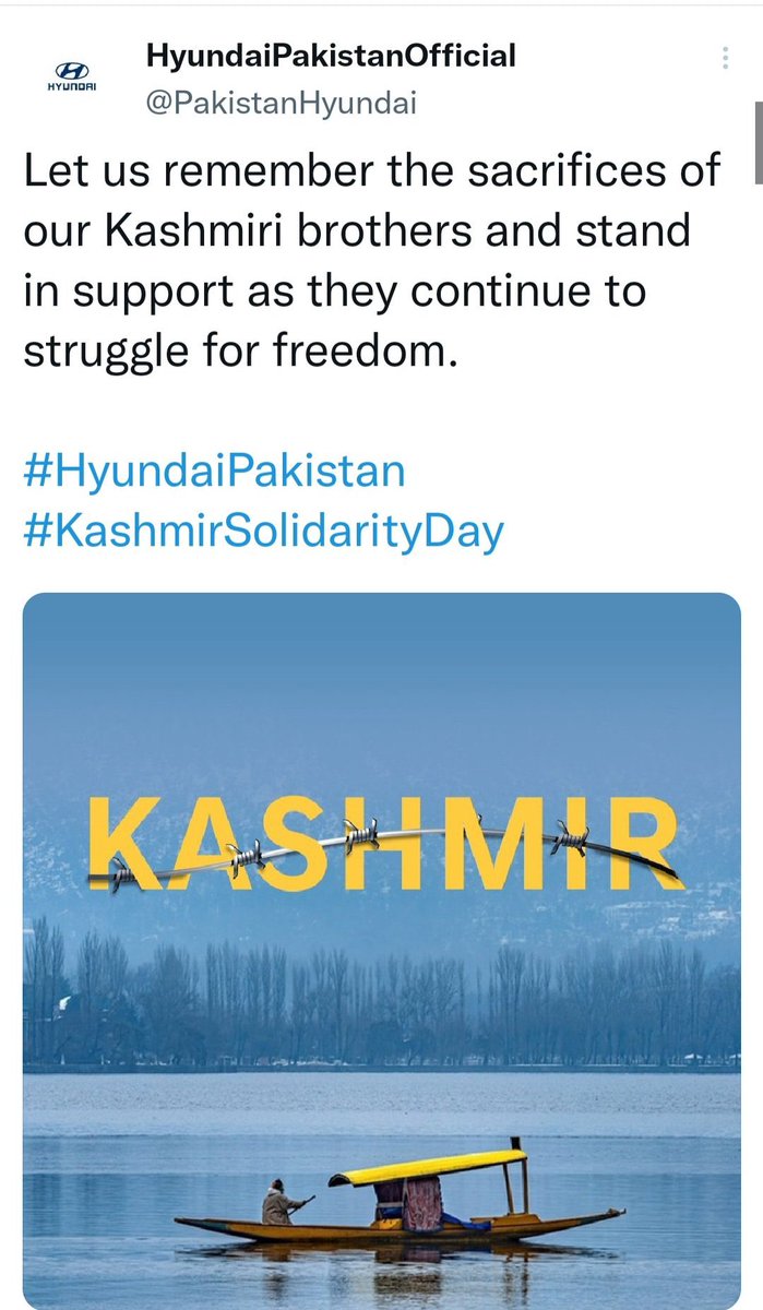 Hello @Hyundai_Global ,How come your official handle in Pak is supporting terror state Pakistan’s propaganda on Kashmir ? @HyundaiIndia If you can’t respect sovereignty of my nation,Pack your bags and leave my country ! Friends,Keep retweeting till @Hyundai_Global apologise !