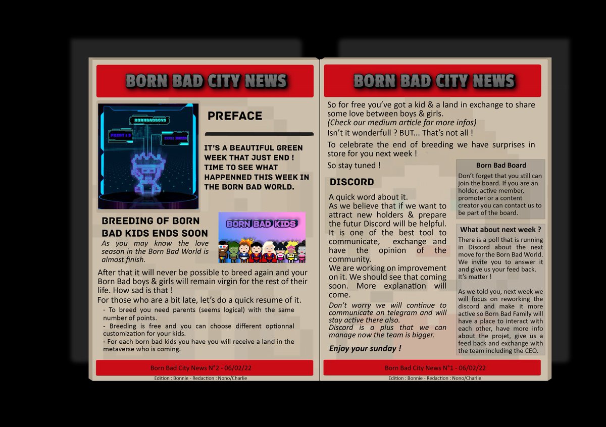 GM Born Bad Family ! ☀ It's Sunday so time to read a new edtion of the Born Bad Newspaper ! 📰 Have a good Sunday ! #BSCNFT #NFT #BSC #NFTCommunity