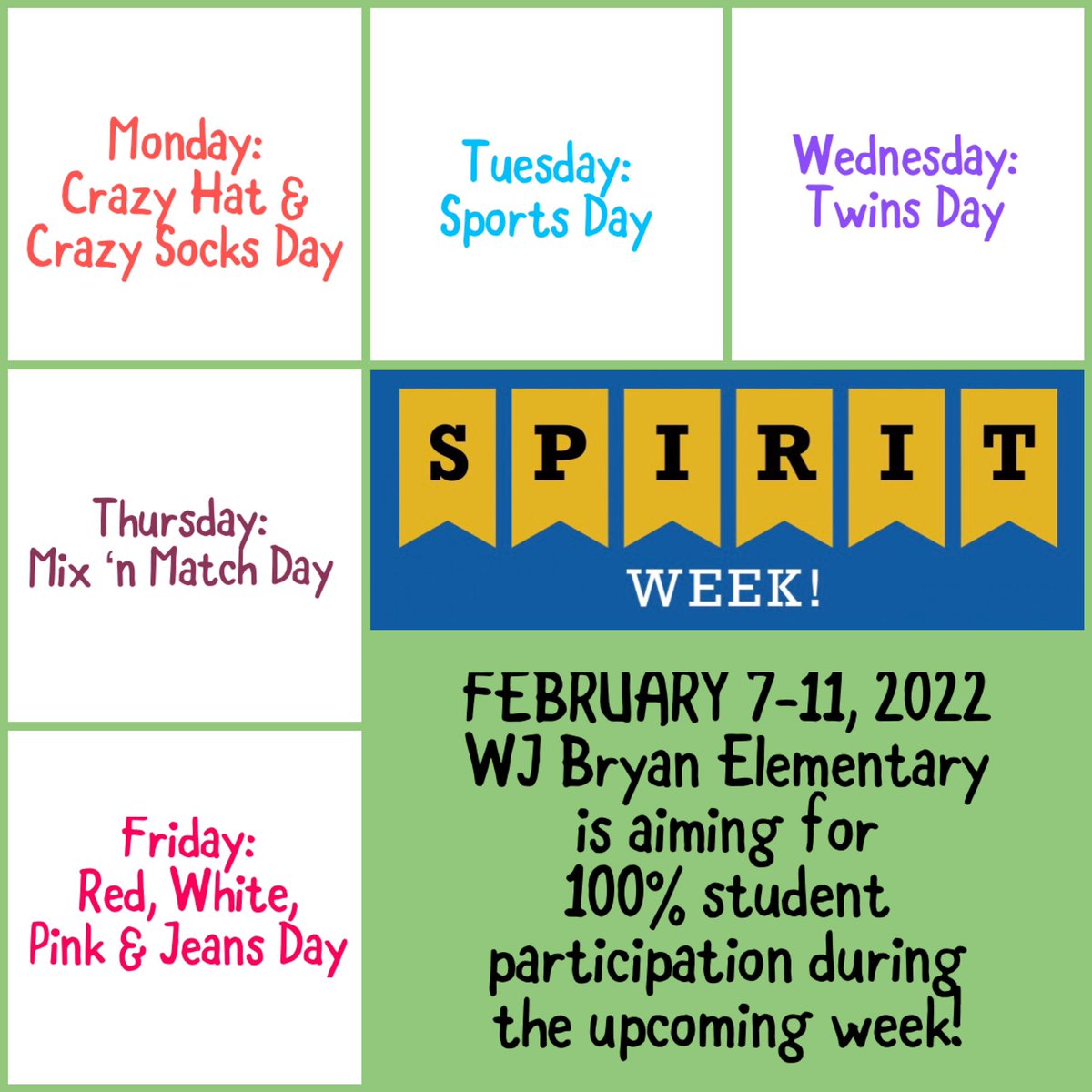 ElementaryWj's tweet photo. Student attendance is important EVERY day! This week, we are holding #SpiritWeek to encourage 100% participation. We can’t wait to see you there! 🦁🏫🗓🎉#BryanLionsLoveLearning,#BryanLionsHaveSchoolSpirit, #AttendanceCounts https://t.co/zmzmB7dgiX