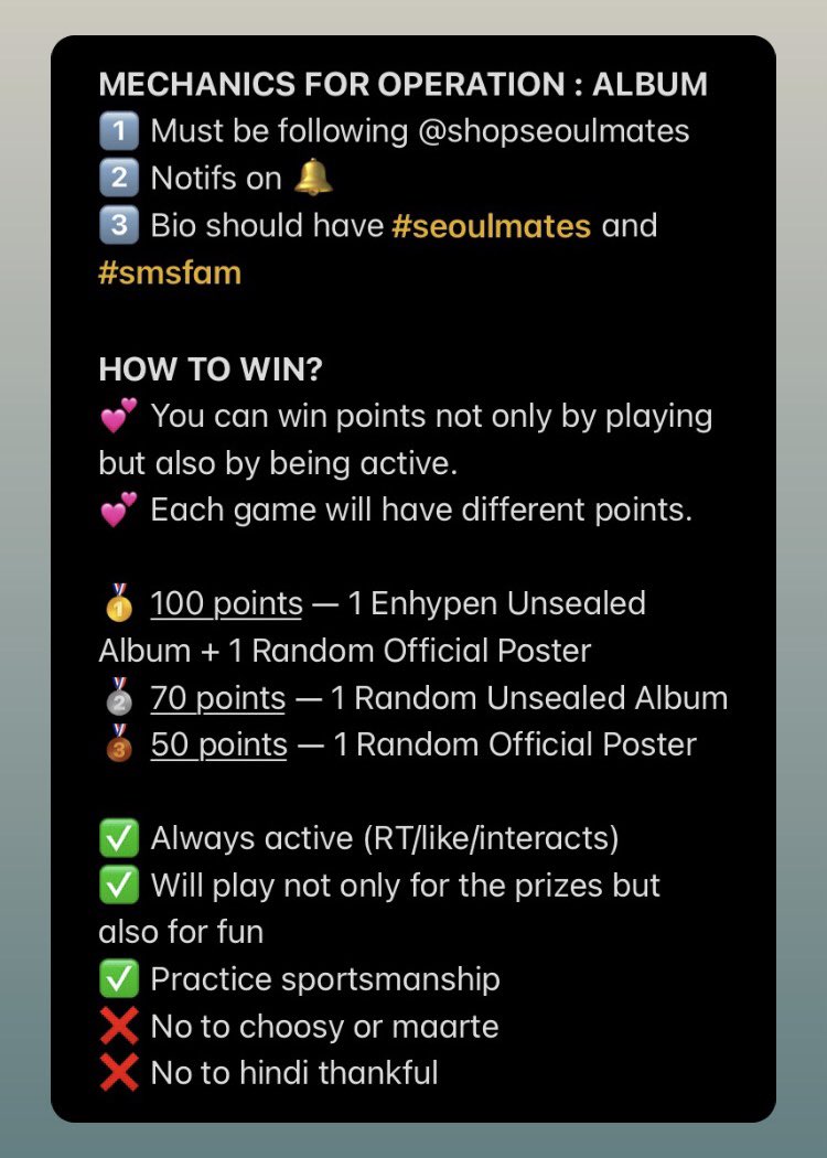 shopseoulmates's tweet photo. ✨ OPERATION: ALBUM ✨

Make sure you read everything ~ good luck, seoulmates! 🤩 https://t.co/ojRfKzoB1w