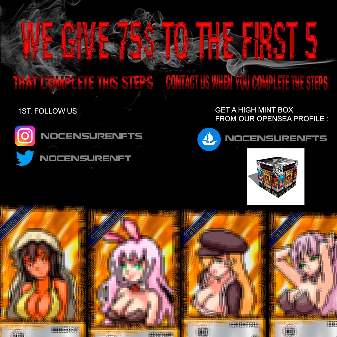 nocensurenft's tweet image. 75$ GIFT FOR THE FIRST 5 THAT COMPLETE THIS STEPS : 

#NFT #nft #nftgift #FreeNFTs #FREENFTGIVEAWAY #giveaway #money #moneygiveaway #NFTGiveaway #NFTCommunity #NFTartist #nftart #ETH #opensea #bitcoin #twitter #nftcollector