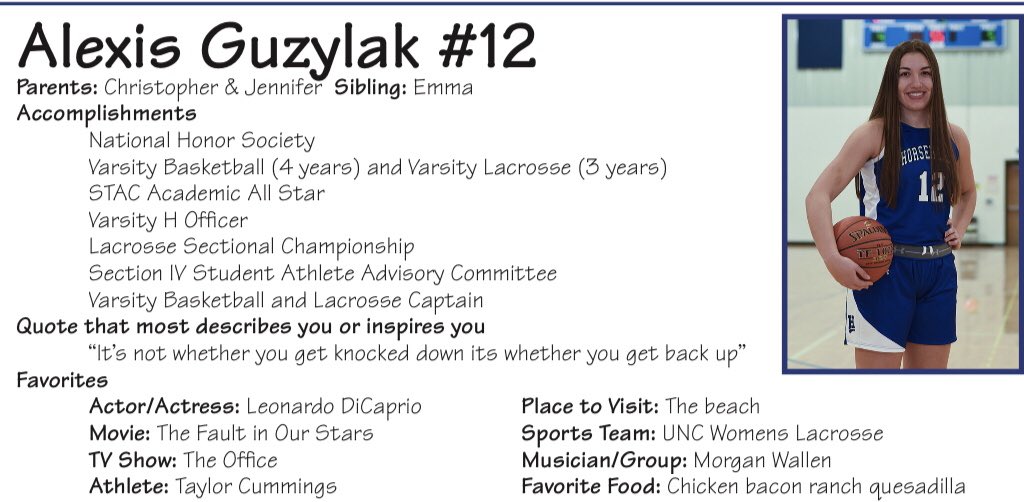 Next up-Alexis Guzylak!! GOOSE is a 4 year varsity player who has emerged as one of the hardest working, most athletic, and of greatest importance-a trustworthy captain! Alexis  is a force on both ends, always going 100%!! She is one of the nicest young ladies you will ever meet!