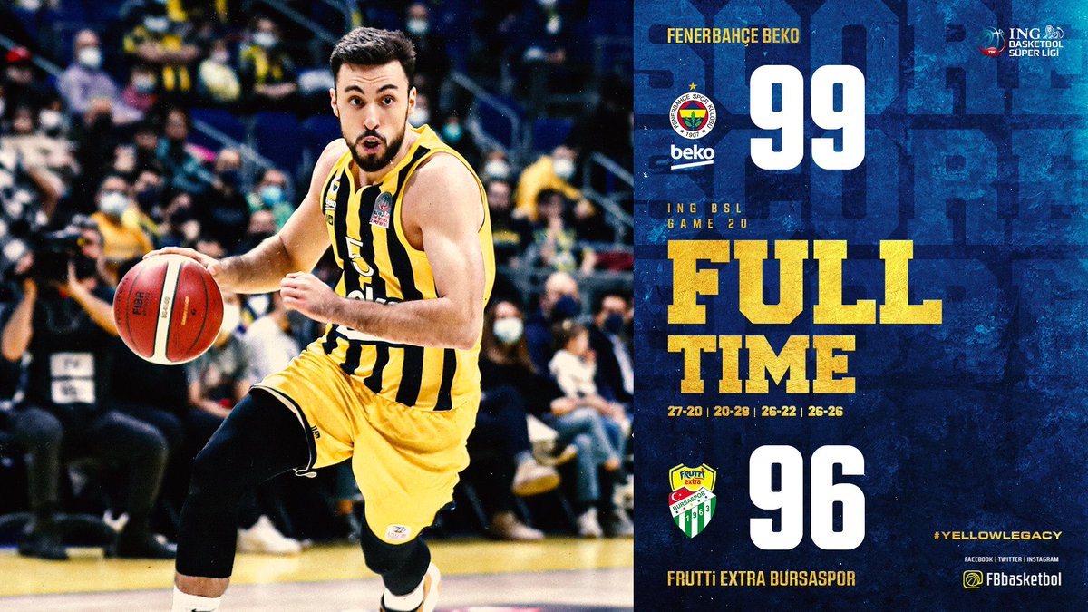 Tebrikler Fenerbahçe Beko! 👏

Maç Sonucu | Fenerbahçe Beko 🆚 <a href="/BsBasketbol/">Bursaspor Basketbol</a>: 99-96

Skor dağılımımız: Booker 19, İsmet 19, Melih 18, Ahmet 12, Starks 10, Metecan 10, Pierre 5, Henry 3, Floyd 3. #YellowLegacy
