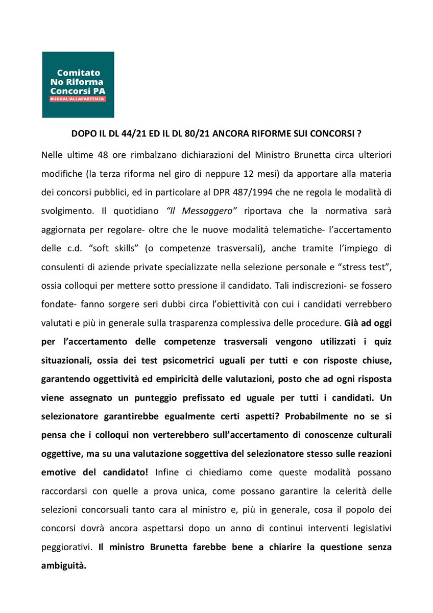 ComitatoPa's tweet photo. Ancora riforme sui concorsi? #vogliamochiarezza #ugualiallapartenza @renatobrunetta @elio_vito @NFratoianni  @EnricoLetta @mantolalla @FpCgilNazionale @Mantero_PAP @leledessi @UgoGrassi2 @M5S_Camera @forza_italia @LegaSalvini @Open_gol @ilmessaggeroit @repubblica @fattoquotidiano https://t.co/3TMPpzZzNx