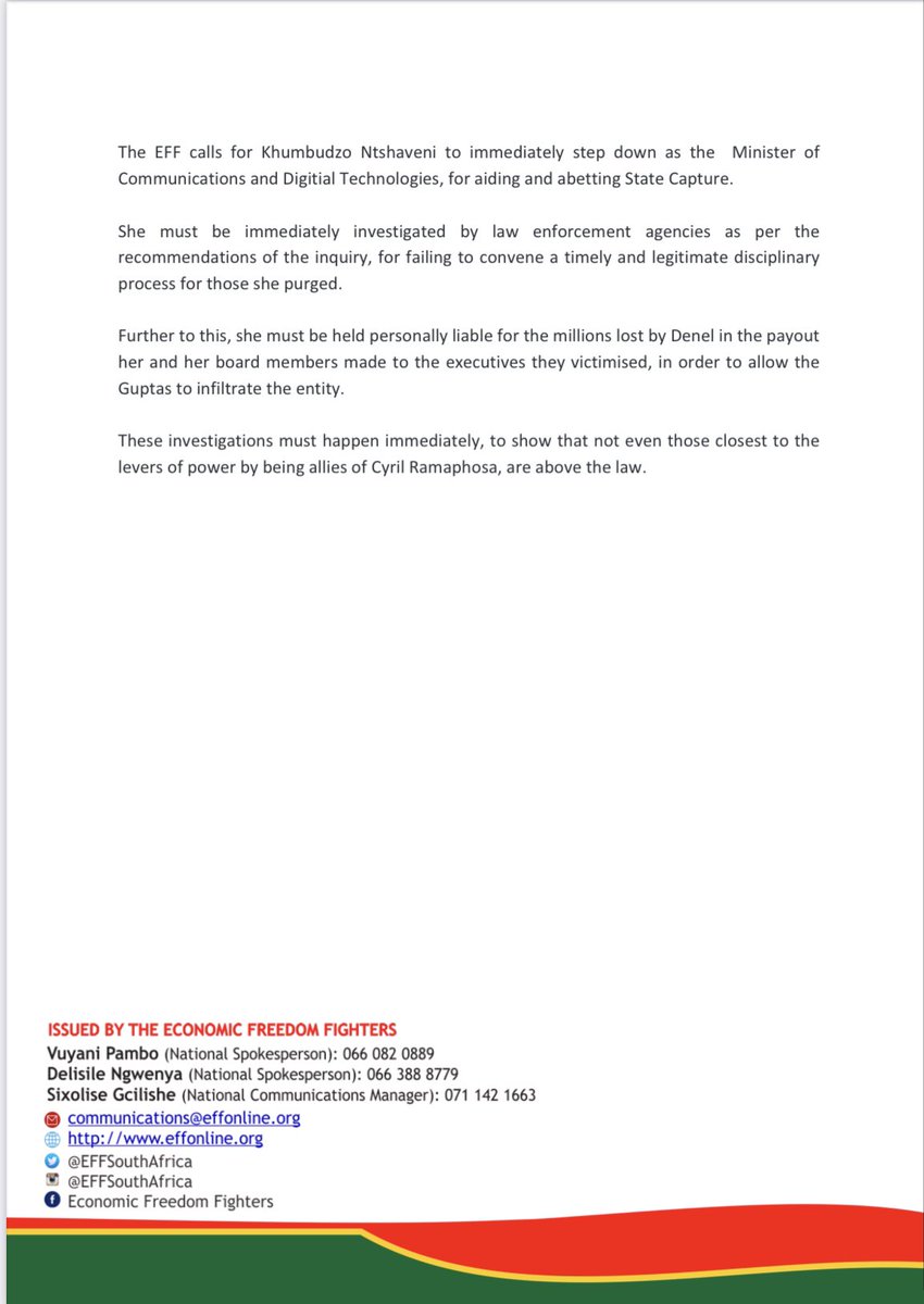 EFFSouthAfrica's tweet photo. The EFF Calls For Khumbudzo Ntshaveni To Step Down After Being  Implicated In State Capture Report https://t.co/P1jdMe7Jnw