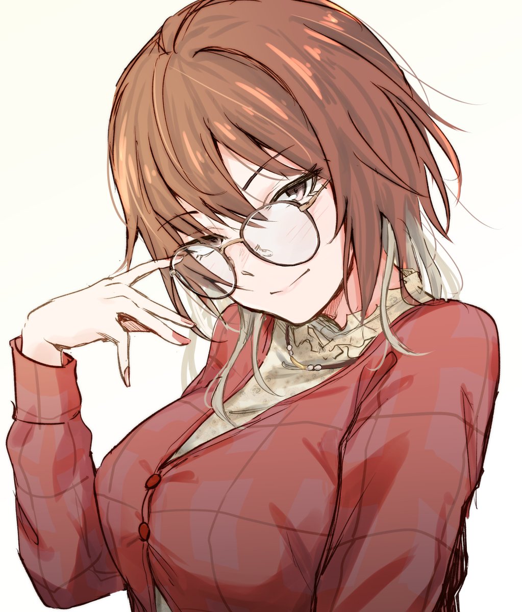 1girl solo glasses brown hair bespectacled looking at viewer smile  illustration images