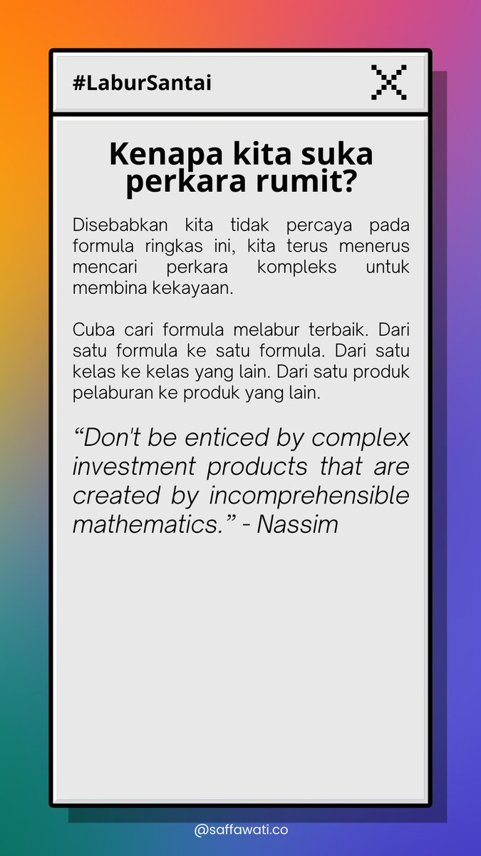 One of my favs newsletter from <a href="/LaburSantai/">Psychology of Money</a>.

This week punya topic hit close to home. Been investing in Unit Trust since 2011. Trade stocks since 2018.

So I wholeheartedly agree, formula membina kejayaan is as easy as live below your means and save &amp; invest.