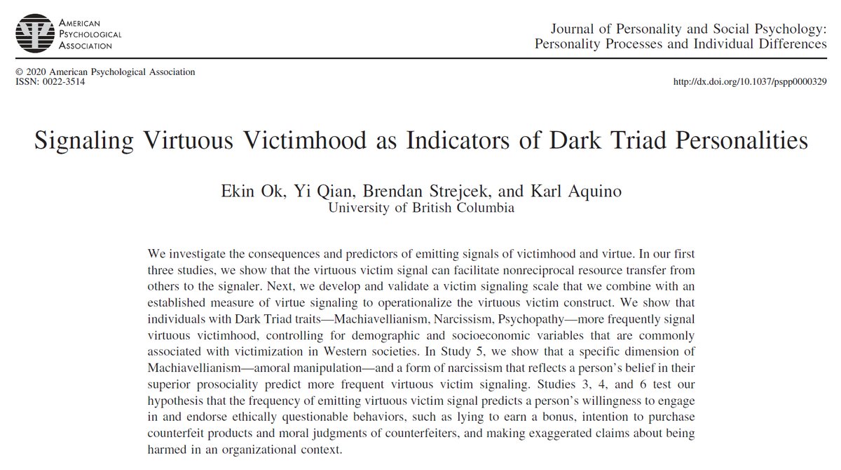 Adam Grant (@adammgrant) on Twitter photo Constantly claiming to be a victim is not a sign of virtue. It's a strategy for narcissists and psychopaths to get ahead.
Data: people who regularly signal victimhood are more willing to lie, cheat, and steal.
Beware those who air personal grievances like every day is Festivus. Constantly claiming to be a victim is not a sign of virtue. It's a strategy for narcissists and psychopaths to get ahead.
Data: people who regularly signal victimhood are more willing to lie, cheat, and steal.
Beware those who air personal grievances like every day is Festivus.