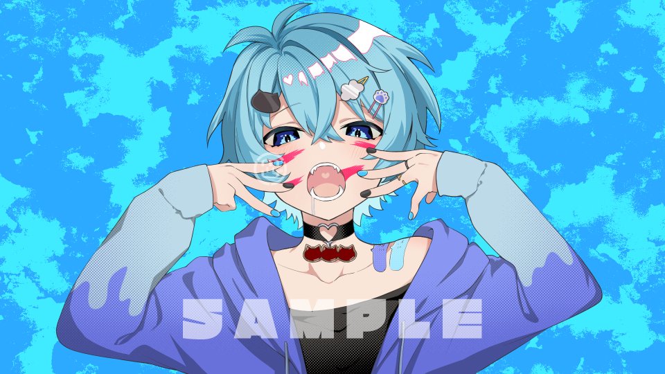 male focus blue eyes 1boy blue hair hair ornament blue background choker  illustration images