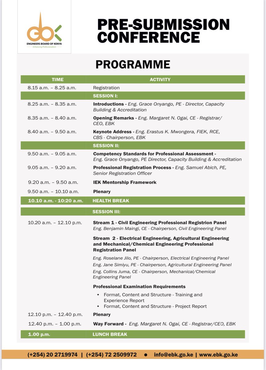 EngineersBoard's tweet photo. Pre-submission Conference Programme.
@InfastructureKe
@TheIEK
@Eng_MaggieOgai https://t.co/VJZZzN4NRk