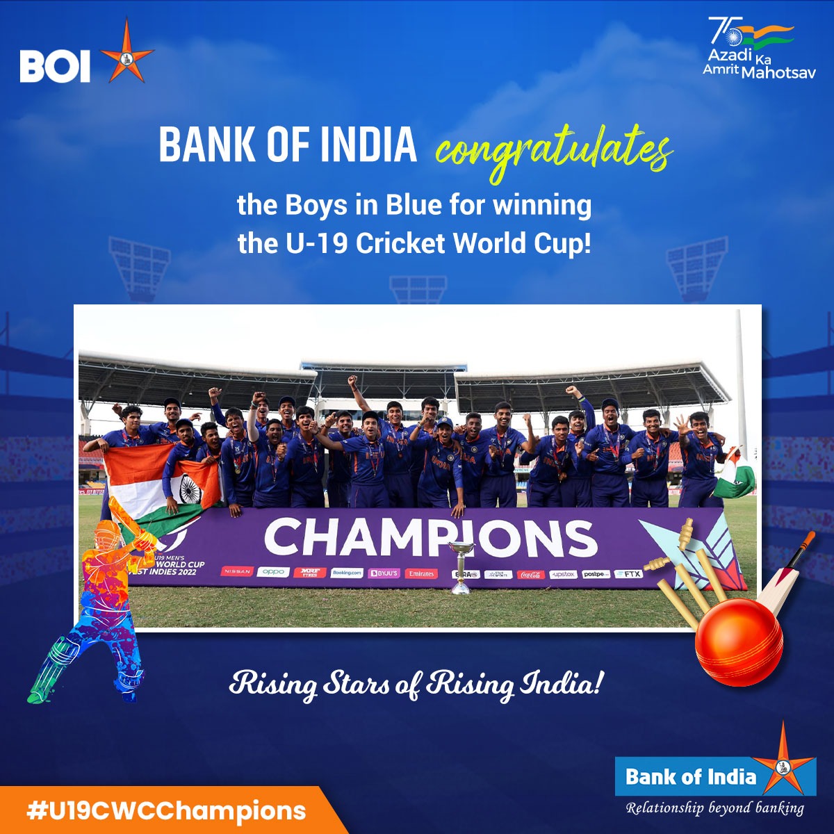 BankofIndia_IN's tweet photo. What a glorious victory! Bank of India congratulates the Boys in Blue for winning the #U19CWCFinal and making the entire Nation proud! #U19WCChampions https://t.co/yBAR1loQ4r