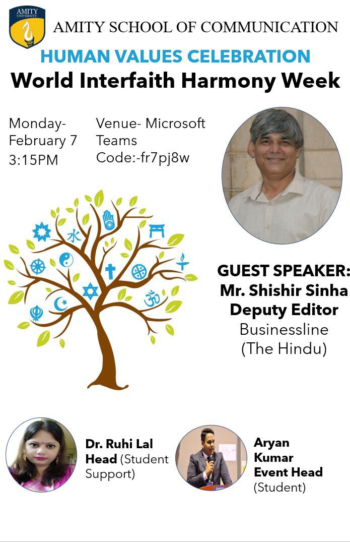 jurnoaryankumar's tweet photo. World Interfaith Harmony Week is an annual event observed during the first week of February, after the United Nations General Assembly designation in 2010. 
Join us to celebrate oneness in diversity on 7th Feb at 3:15pm on MS teams. https://t.co/SdhtmcGrAj