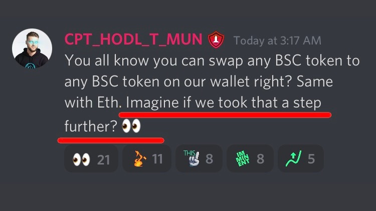 #SAFEMOON 
“You all know you can swap any #BSC token to any BSC token on our wallet right? Same with #Eth. Imagine if we took that a step further? 👀”
—John Karony