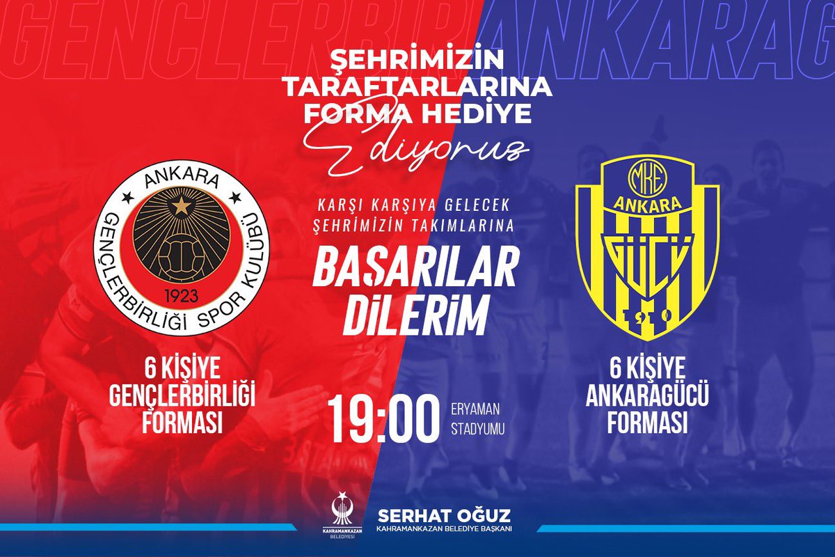 Ankara Derbisinde Takımlarımız 
Gençlerbirliği ve Ankaragücü’ne başarılar diliyoruz.

Maçın galibi kim olursa kazanan dostluk olsun diyerek takipçilerimize 12 adet forma hediye edeceğiz.

Formalar kardeş payı.

📣 Şartımız Takip Et, Beğen ve Retweet yap.

<a href="/kirmizikara/">Gençlerbirliği SK</a> <a href="/Ankaragucu/">MKE Ankaragücü</a>