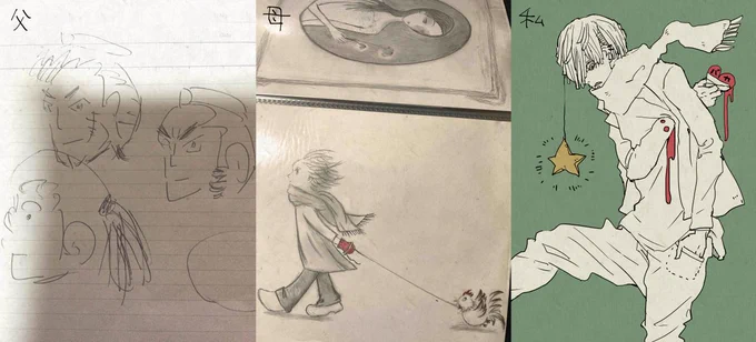 今日はかねてから探してた父上母上の絵をやっと発見したので記念に並べました。真ん中の手袋の子は私のイメージらしいんですがやっぱりトリつれててワロタ。
母と私の描く構図は似てる気がする。そういうのも遺伝てするのかな。
不思議だし面白いね。 