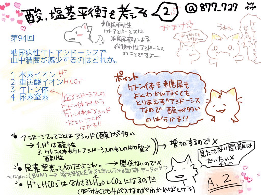 毎年話していることがあって、この時期「国試に酸塩基平衡出たら捨てる」と言う人がいて、寧ろ覚えなくても点がとれる分野なので絶対に向き合ってくれー!!っていつも説得しているのでそう思っている人がいたら絶対向き合ってください…!わからない問題あったら聞いてくださいそれくらい臨床でも大切 