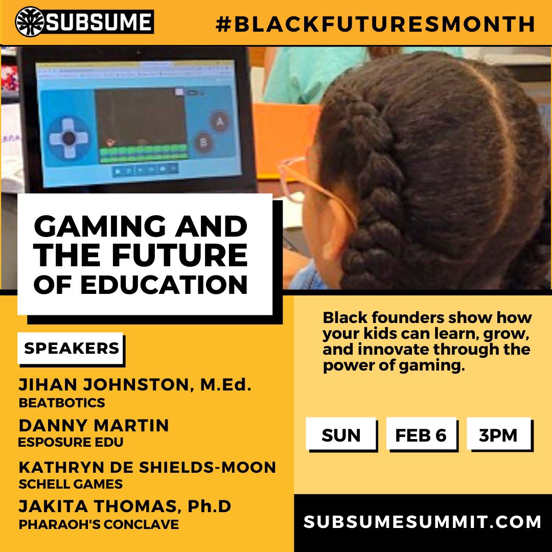 therealjihanj's tweet photo. Today is the day to learn about gaming and esports Edu . This panel going to be fire ! It will be streamed on @subsumelife twitch and YouTube .
Time: 12pm pst / 3pm est . #BlackFutureMonth #BlackHistoryMonth #blackingaming #blackinesports #eSports #subsumesummit #beatbotics https://t.co/DxGwB7hUGw