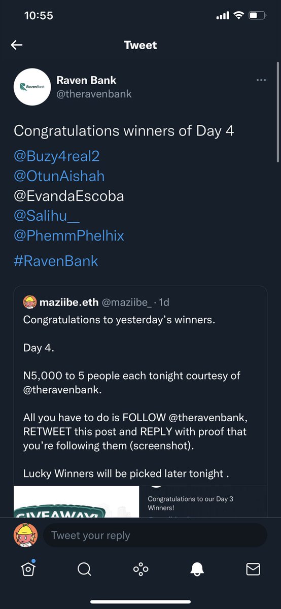 We’ve got 20 WINNERS so far. It’s YOUR turn.

Day 5

N5,000 to 5 people each tonight courtesy of @theravenbank

All you have to do is FOLLOW @theravenbank, RETWEET this post and REPLY with proof that you’re following them (screenshot).

Lucky Winners will be picked later tonight