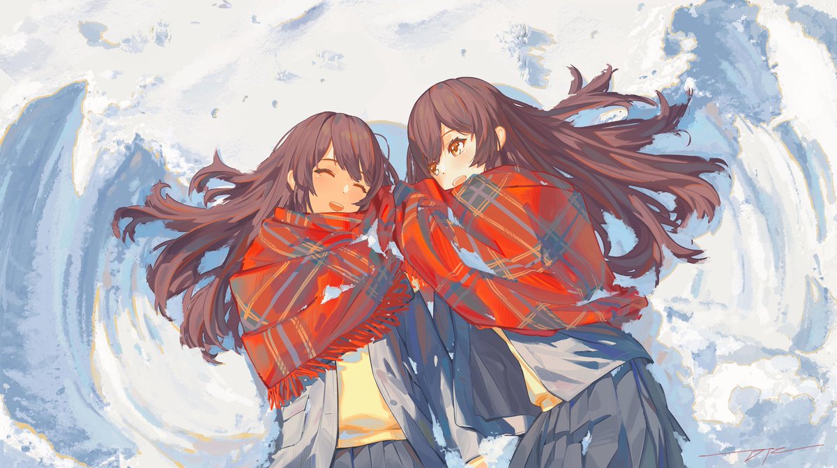 osaki amana ,osaki tenka multiple girls 2girls twins long hair scarf siblings sisters  illustration images
