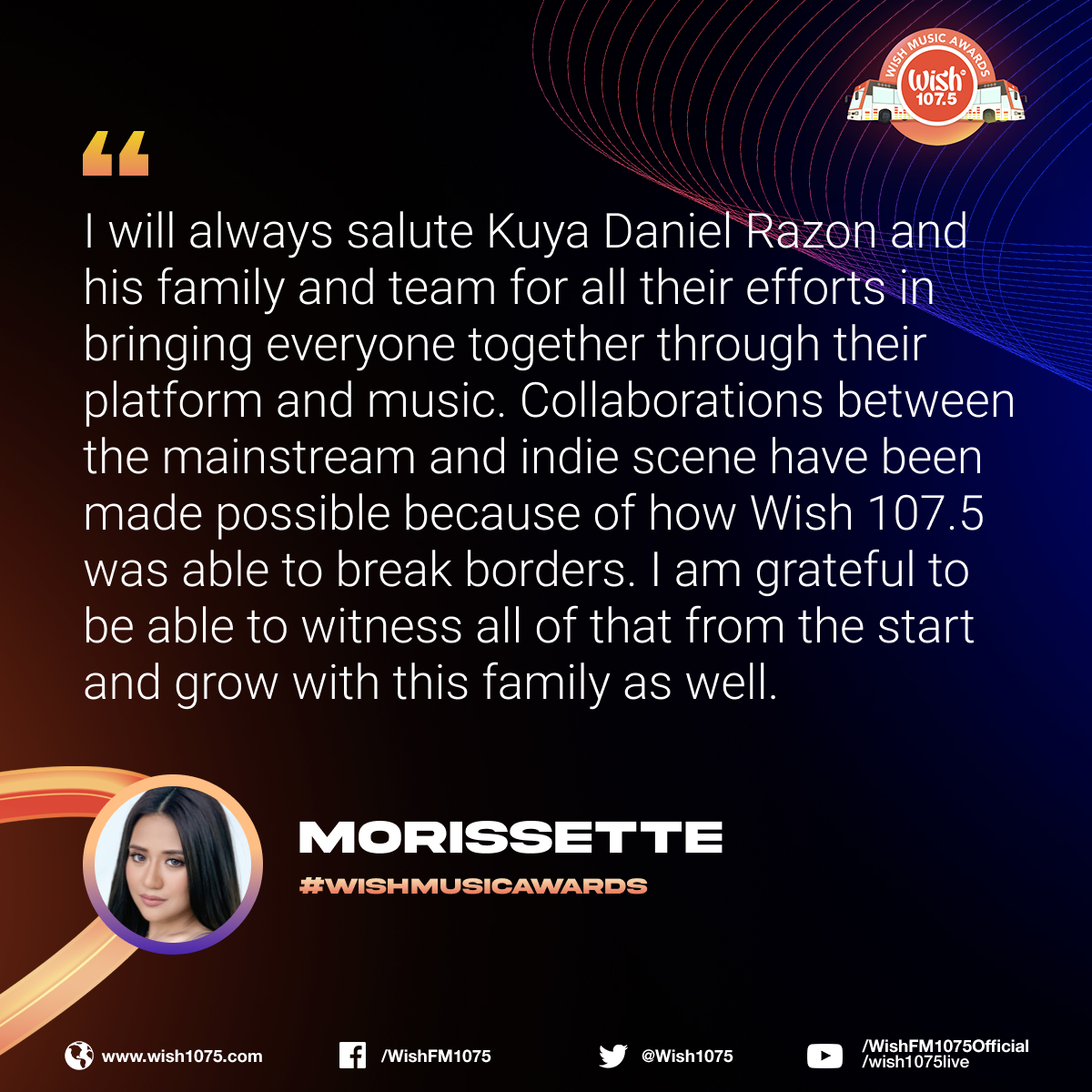 wish1075's tweet photo. Collaborations between the mainstream and indie scene have been made possible because of how Wish 107.5 was able to break borders. 

I am grateful to be able to witness all of that from the start and grow with this family as well. 

— @itsMorissette 

#WishMusicAwards https://t.co/ZHxDI5vjtO