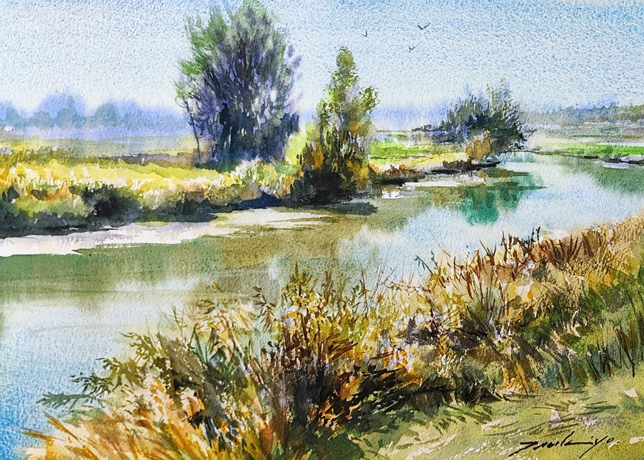 癒しの水彩画708 賑々しい 川のある風景