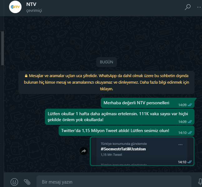 NTV Mesajlara bakmaya başladı! 

#SömestrTatiliUzatılsın