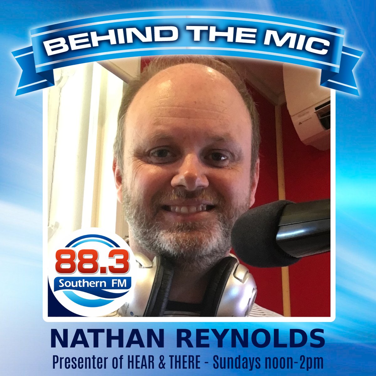 We told you about it on Monday and here it
is!

Starting off our new series we have Nathan Reynolds,
presenter of Hear &amp; There, Sundays from 12pm - 2pm.
Join Nathan as he takes an eclectic and light-hearted
look at Bayside and the world around us.

#southernfm #behindthemic