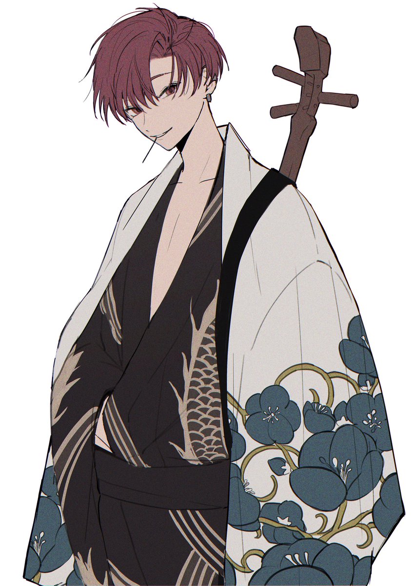 1boy male focus solo japanese clothes kimono white background instrument  illustration images