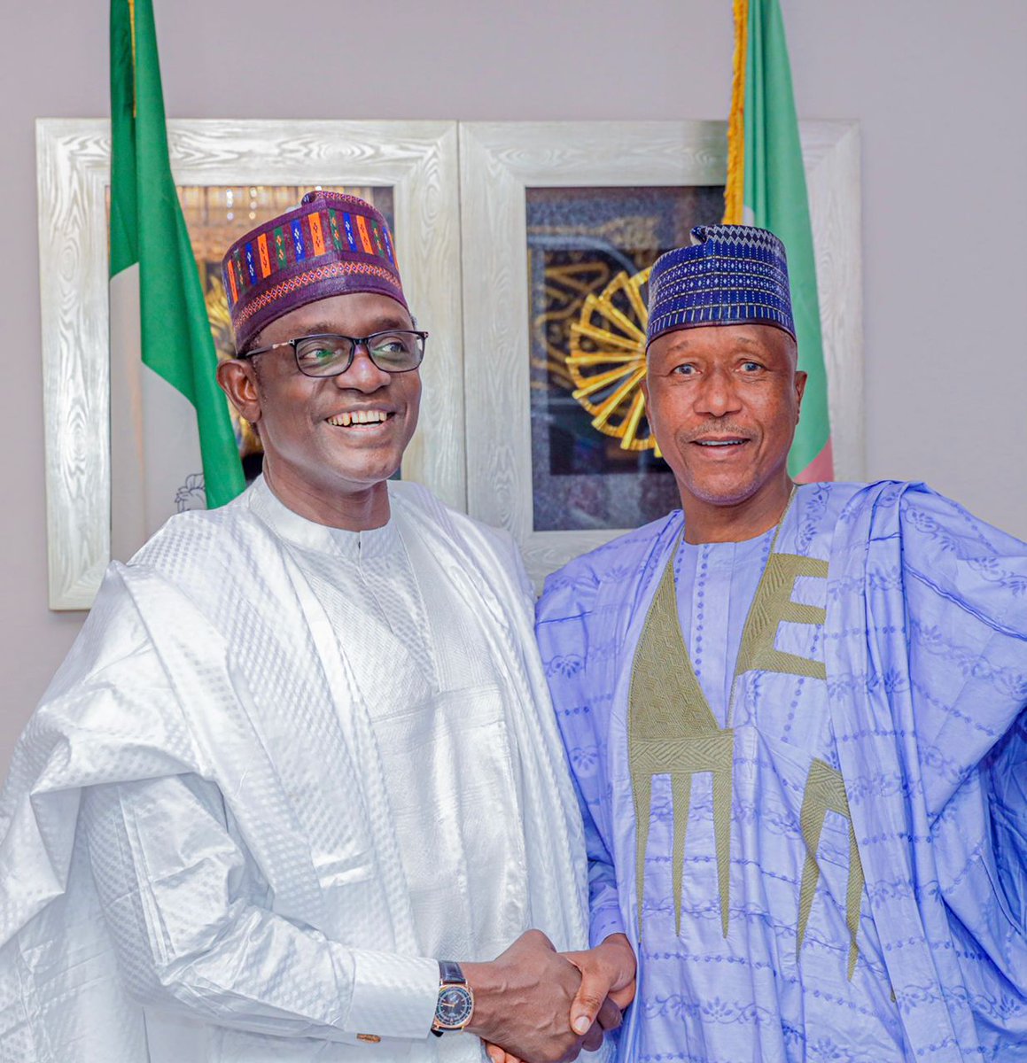 HassanPeppe's tweet photo. Members of the House of Representatives from Yobe state were at the residence of His Excellency Executive Governor of Yobe State Hon. Mai Mala Buni, to congratulate him and Alh. Mohammed Gadaka, the state party chairman, on the presentation of  Certificate of Return to the later. https://t.co/swKQelImKs