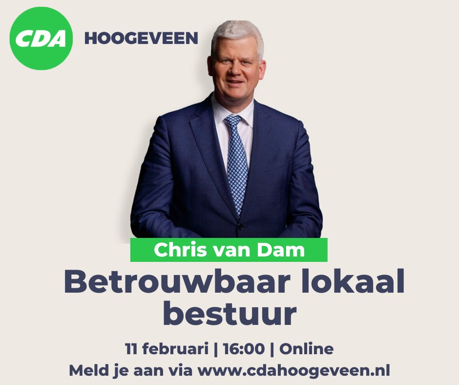 Vanaf vandaag is het mogelijk om in te schrijven voor de volgende online sessie van Studio @cdahoogeveen over betrouwbaar lokaal bestuur. 

Vrijdag 11 februari tussen 16u en 17u met @ChrisvanDamCDA 

Inschrijven kan via onderstaande pagina: cda.nl/drenthe/hoogev…