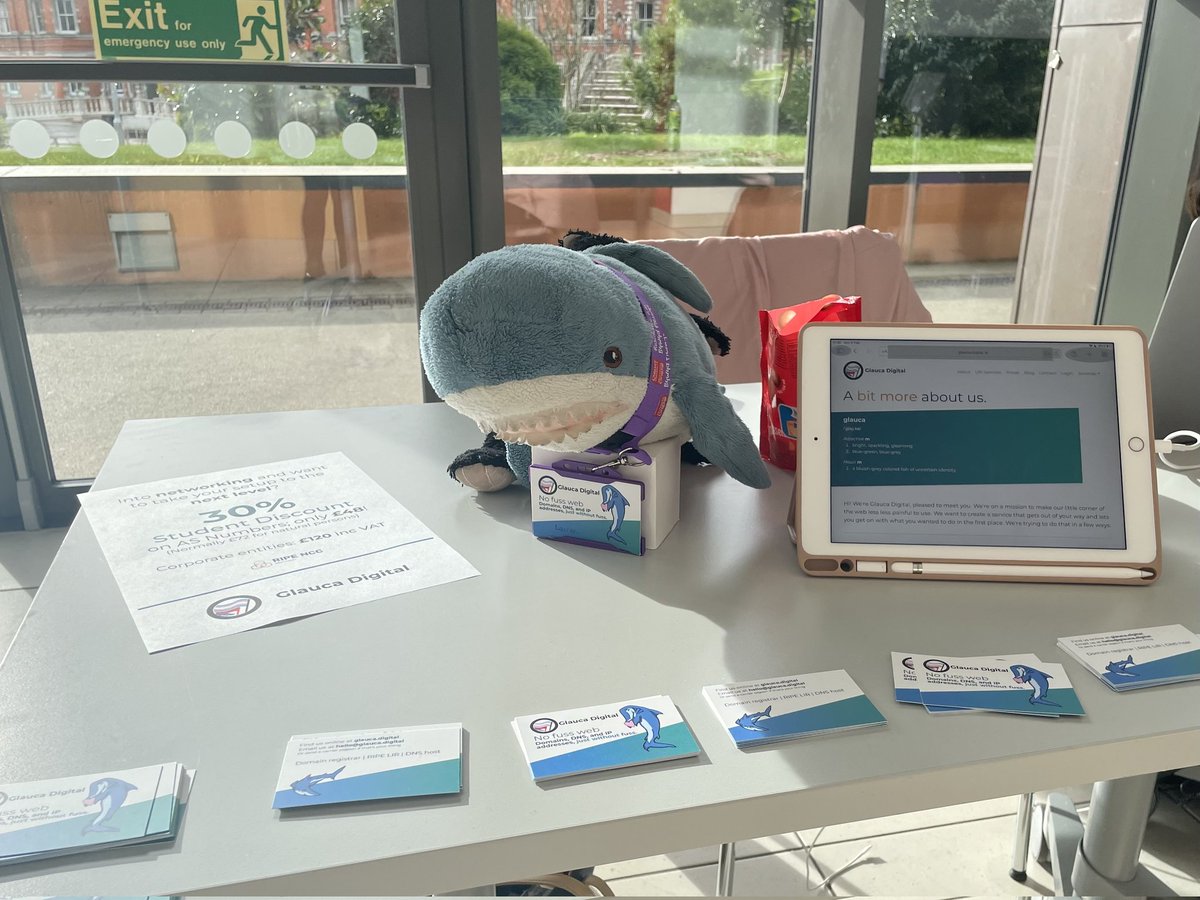 Our blåhaj friend is helping out at our sponsor desk <a href="/RoyalHackaway/">Royal Hackaway v7</a> today!

Come and see us if you're attending in person if you need a domain for your project, or if you're interested in our 30% student discount on ASNs 👀

^L&amp;A
