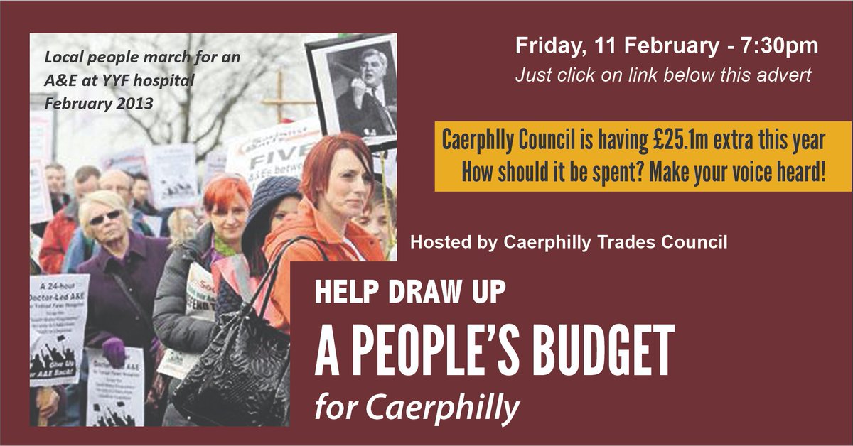 caerphillytuc's tweet photo. #PeoplesBudget Help Draw up a People's Budget for Caerphilly. Make your voice heard!
Friday, 11 February at 7:30pm online.
https://t.co/zAFQL19edX 
You can also dial in using your phone. 
United Kingdom: +44 20 3713 5028 
Access Code: 465-941-645 https://t.co/WZhnfscx3x