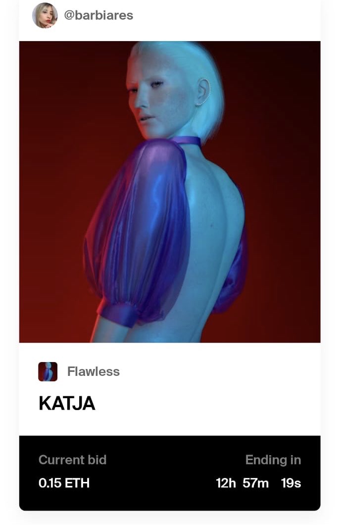 Barbiares's tweet image. Goood morning fam ☕️ happy Sunday! Hope you all have an amazing day ✨

🚨I just want to remind you that there are 12 hours to go for the auction of “Katja” 🚨

Current bid 0.15 $ETH by the talented @ArtOfCastellani ⚡️

foundation.app/@barbiares/fla…